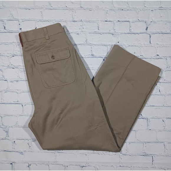 Orvis Pants 34x28 Olive Flat Front Twill‎ Khaki Leather Trim Chino New - Picture 1 of 5
